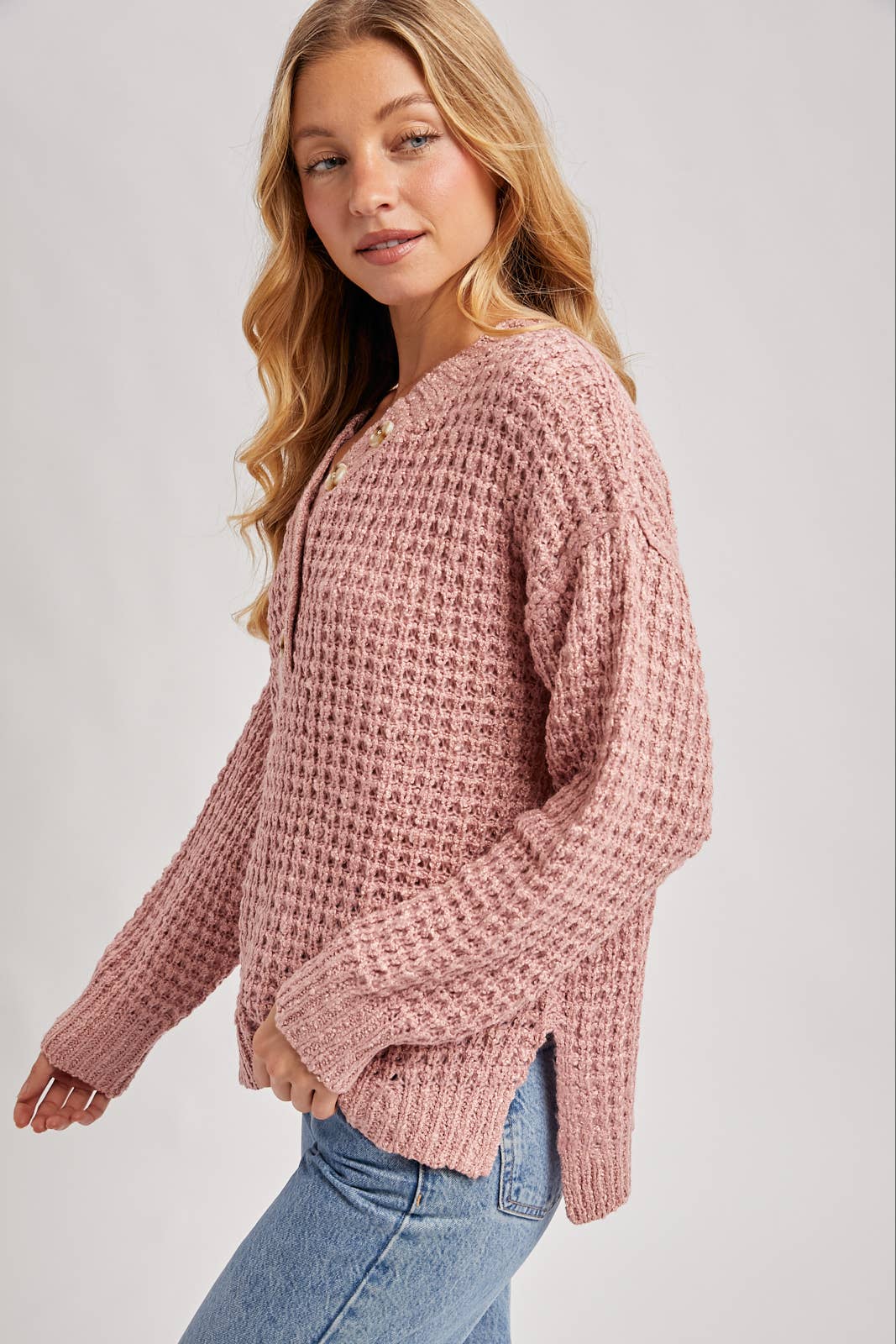 Women's Thermal Henley Sweater - Rose