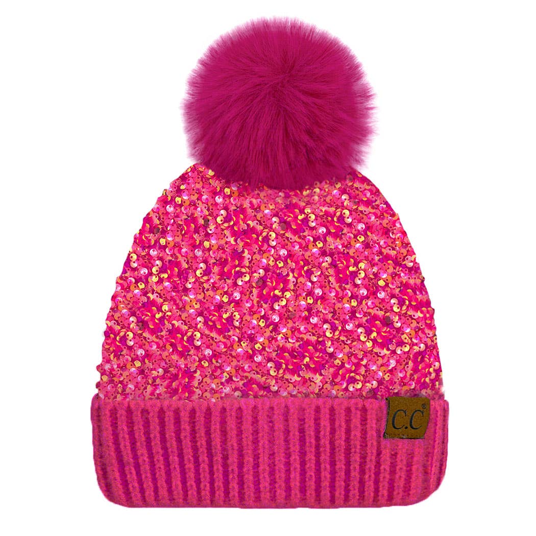 Women's - Glitter Sequined Cuff Beanie with Pom Pom - Hot Pink