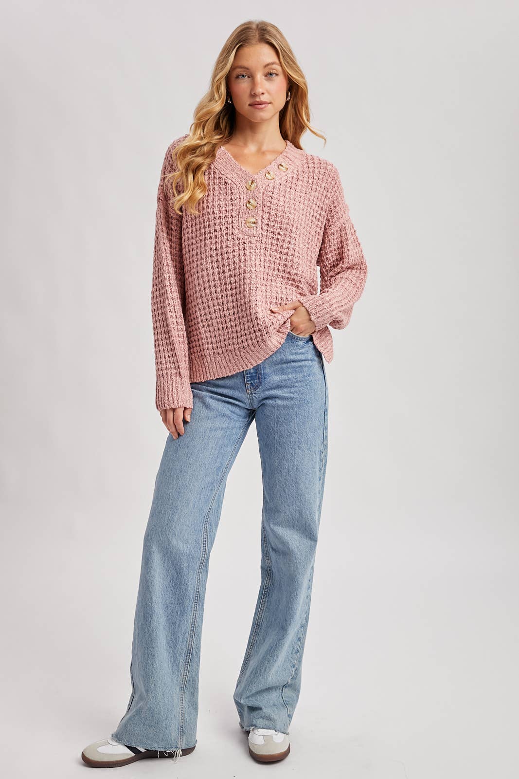 Women's Thermal Henley Sweater - Rose