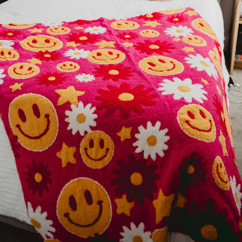 Red Flower Happy Face Oversized Throw Blanket: Hot Pink