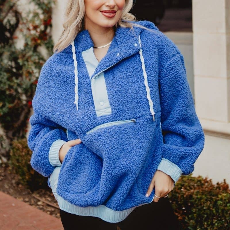 Blue Two-Toned Sherpa Fleece Wholesale Pullover: Blue / S