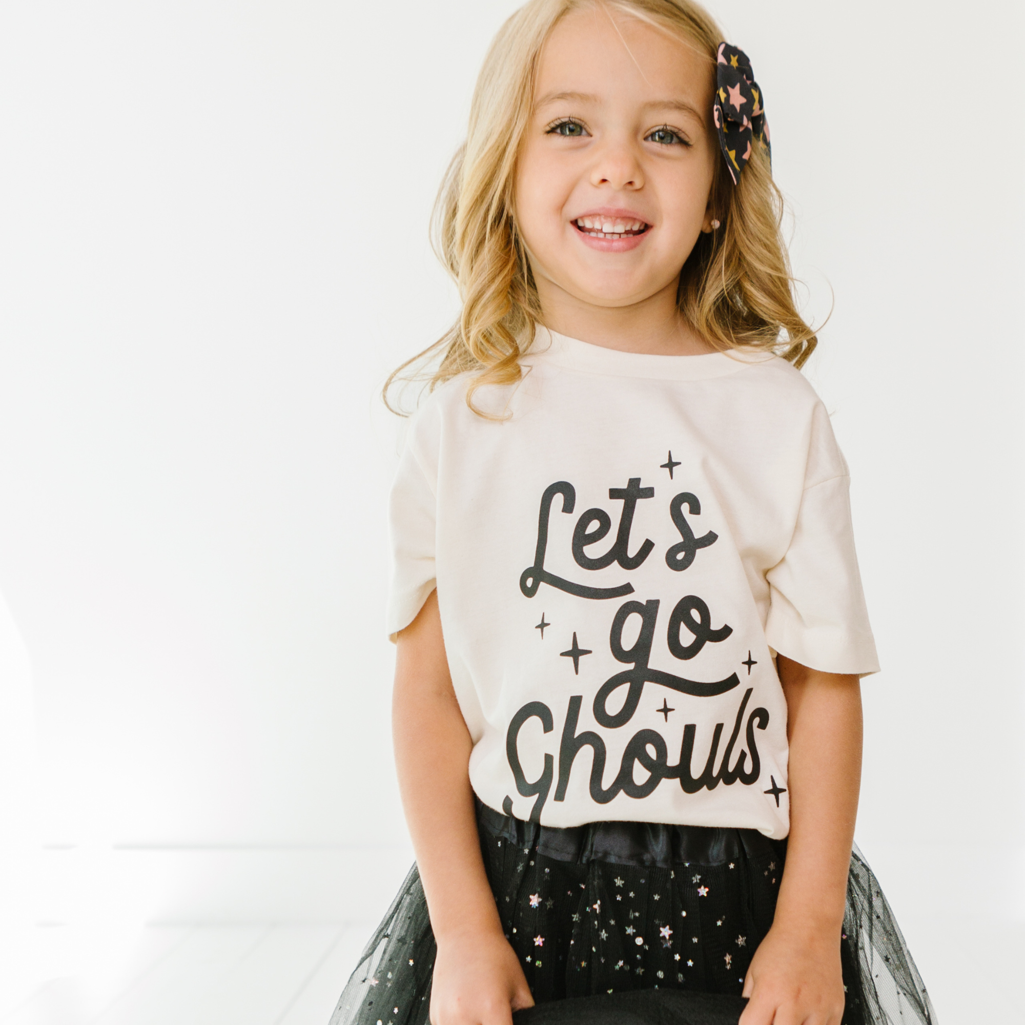 Let's go Ghouls Halloween Toddler and Youth Shirt: Peach / Black / 2T