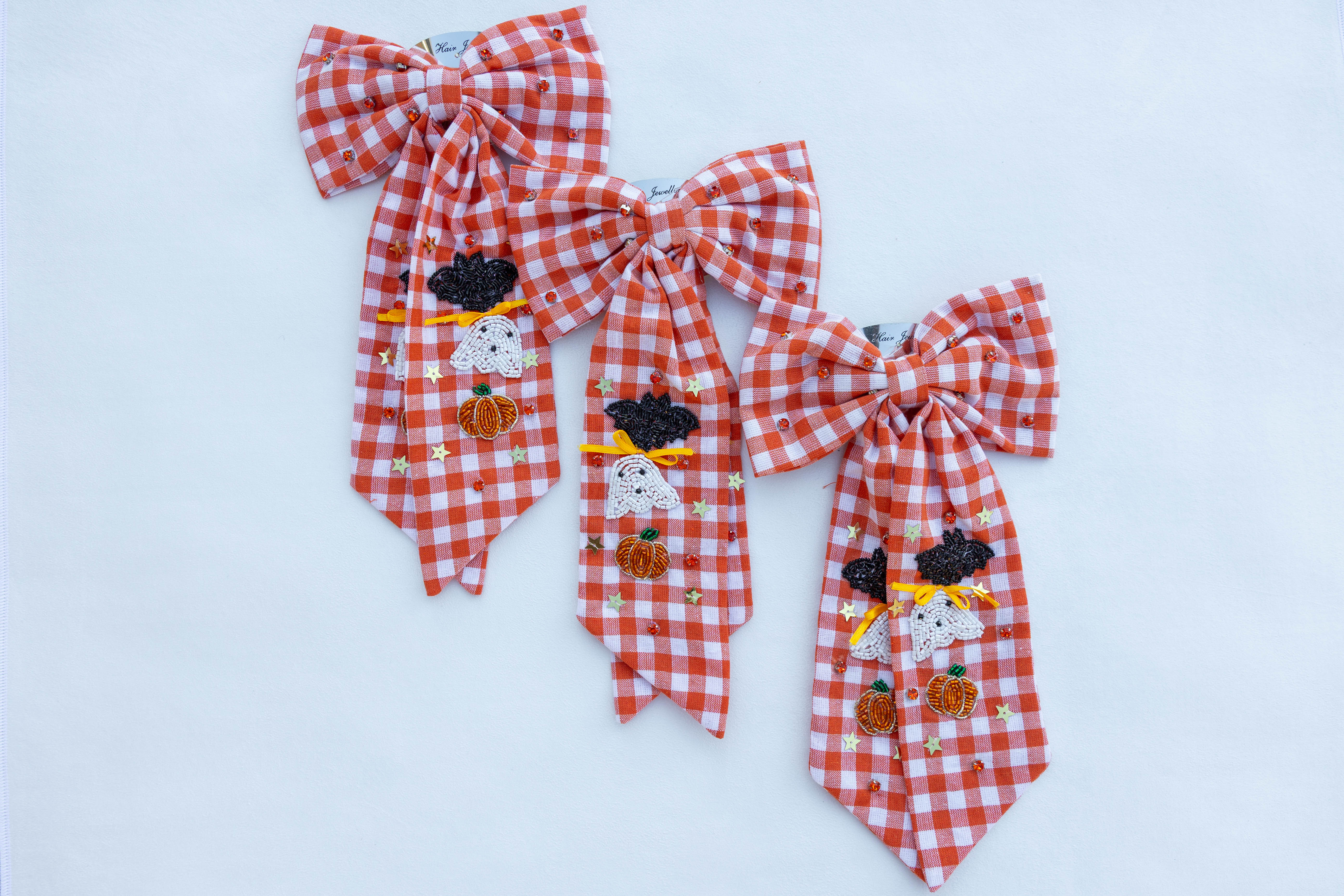 Beaded Hair Bow - Pumpkin Plaid