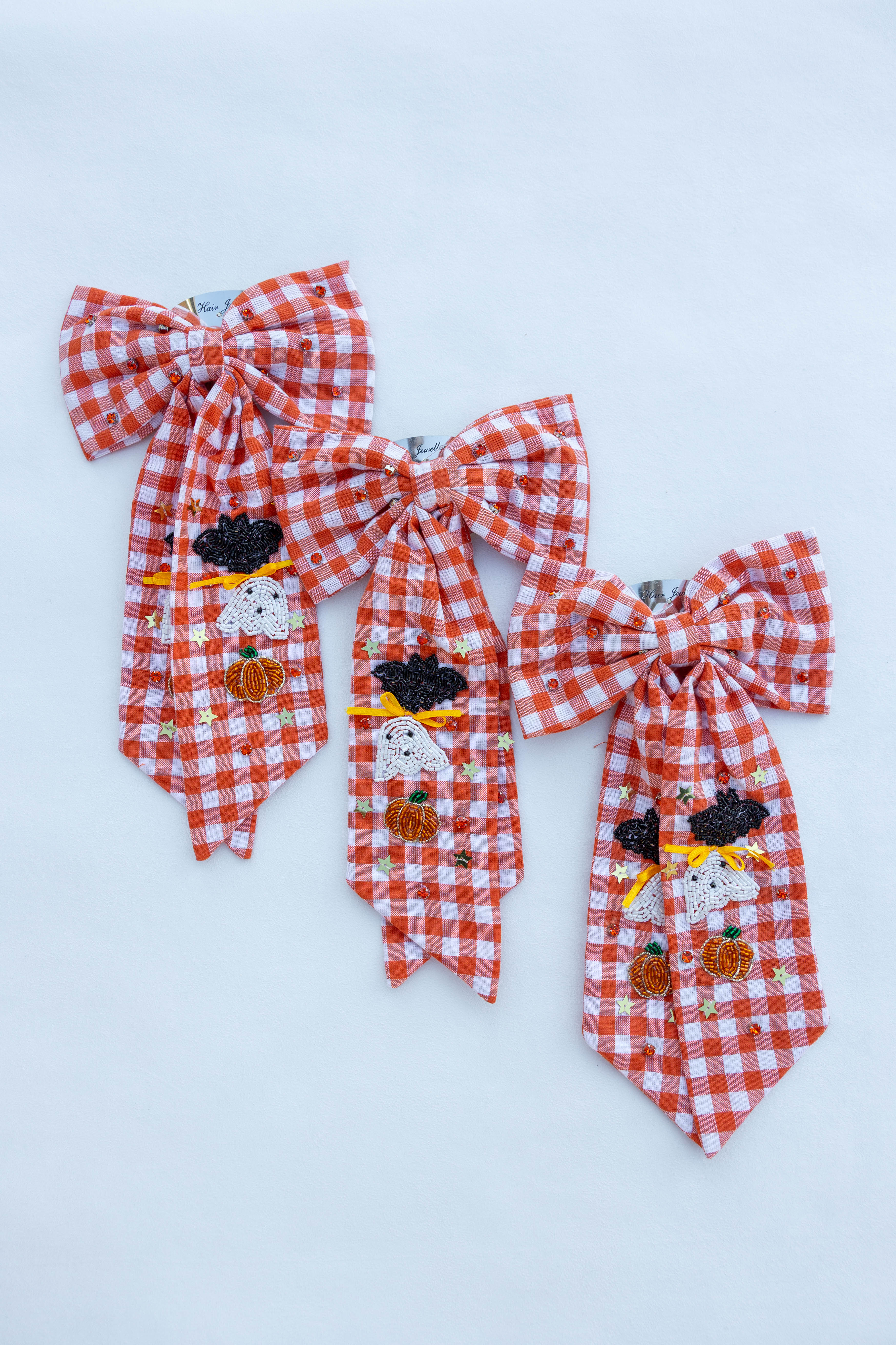 Beaded Hair Bow - Pumpkin Plaid