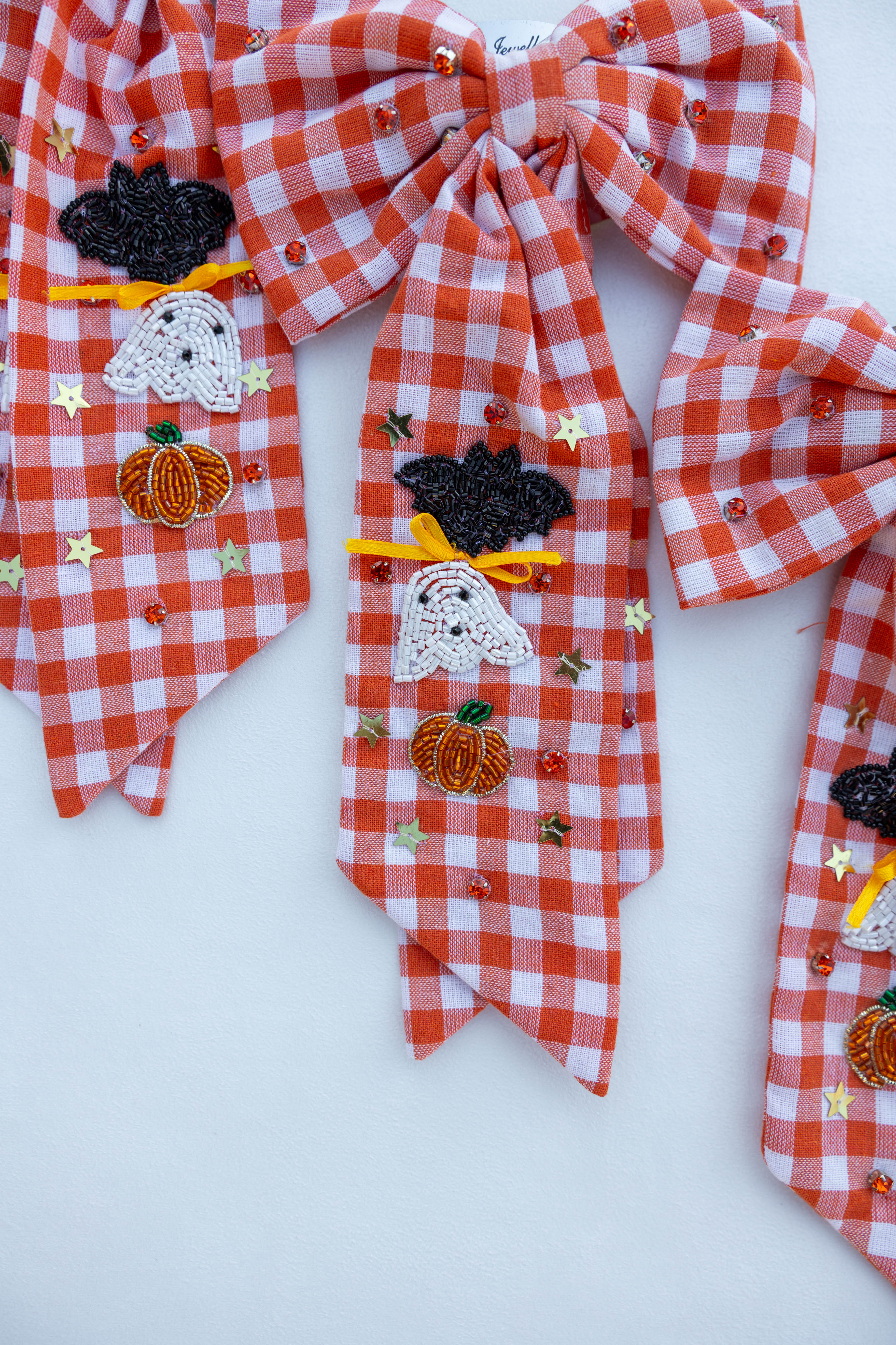Beaded Hair Bow - Pumpkin Plaid