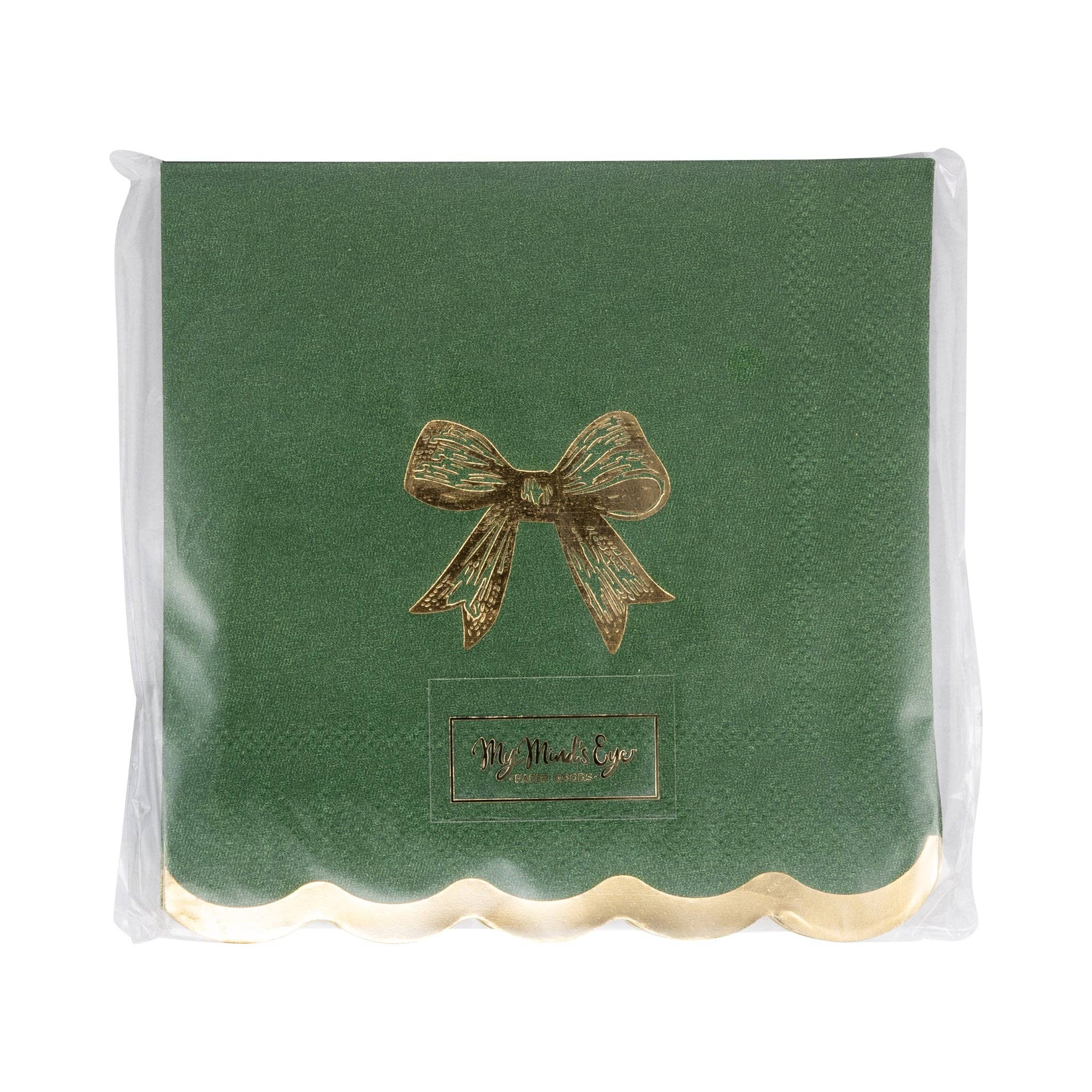 Gold/Green Bow Cocktail Napkin - 18 PK