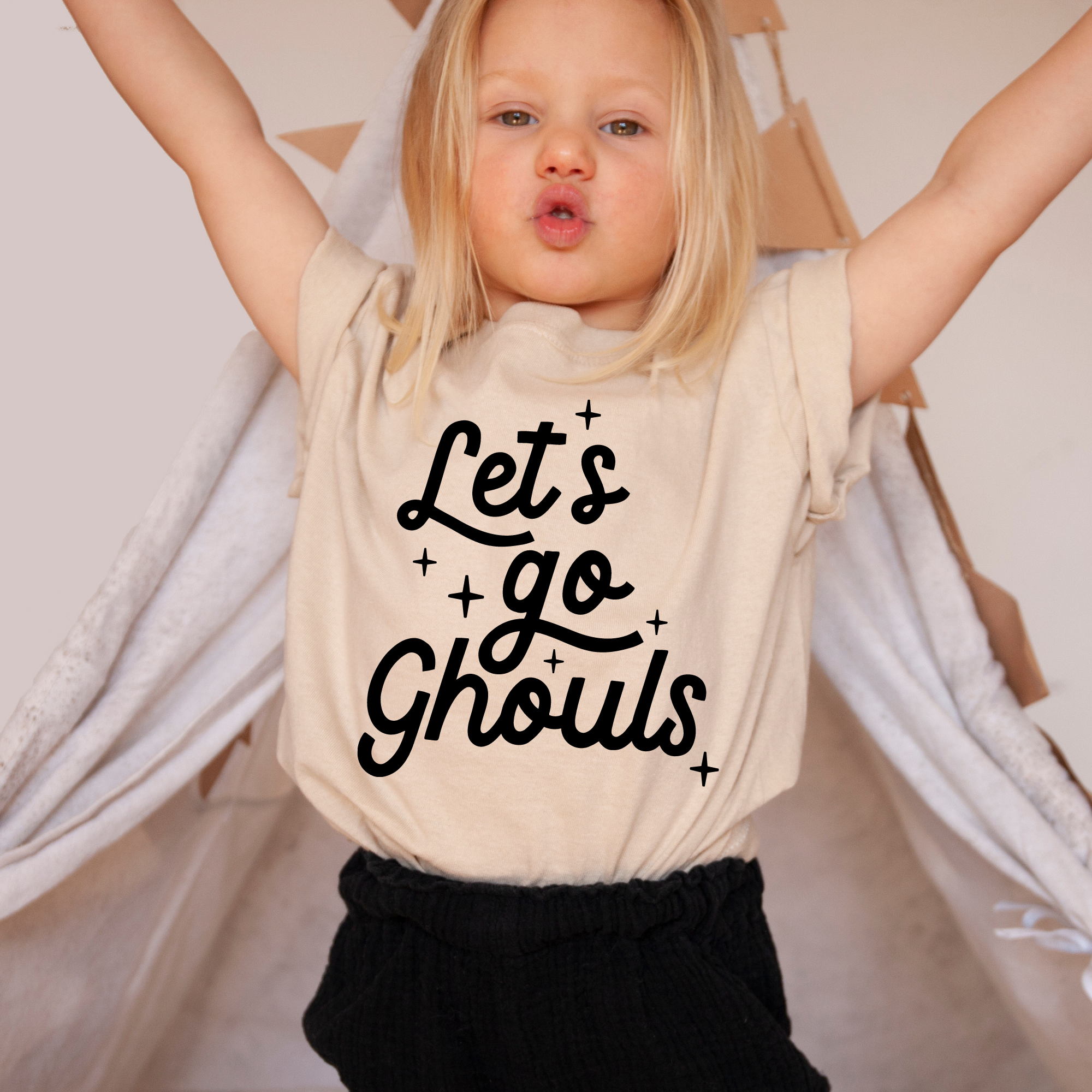 Let's go Ghouls Halloween Toddler and Youth Shirt: Peach / Black / 2T