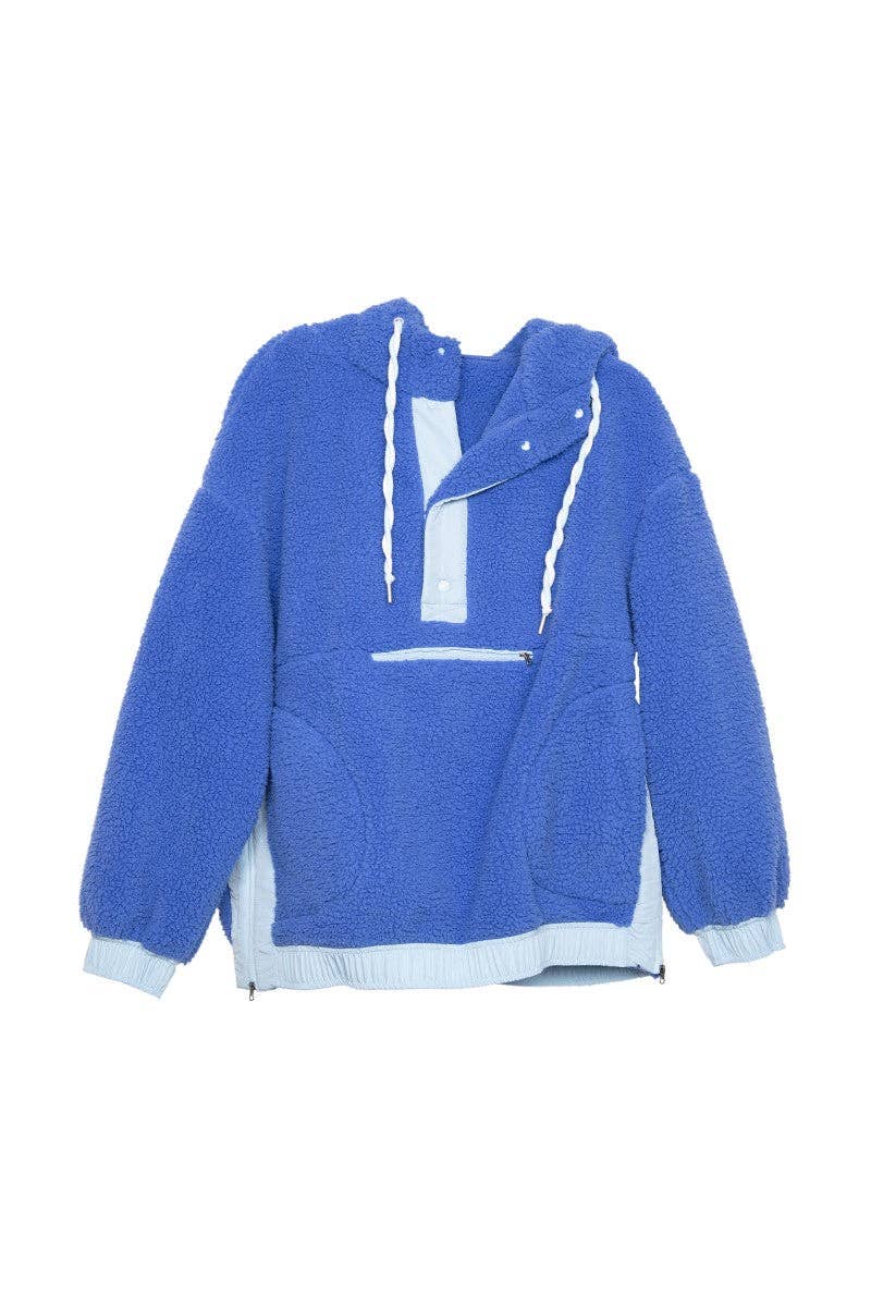 Blue Two-Toned Sherpa Fleece Wholesale Pullover: Blue / S