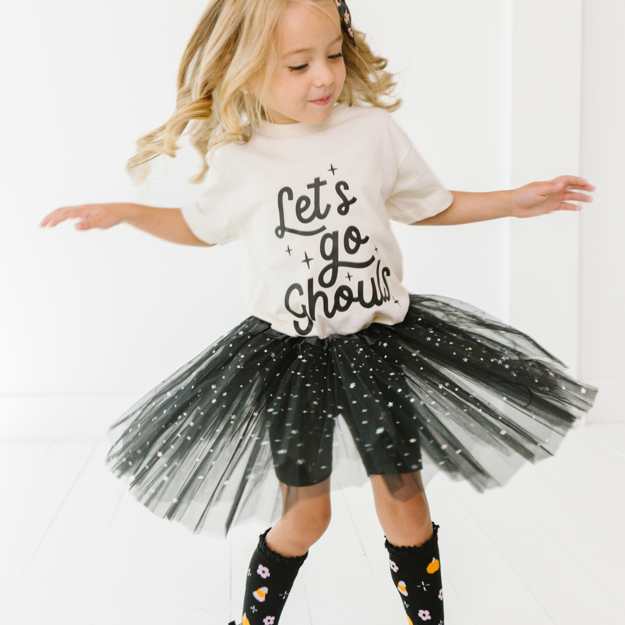 Let's go Ghouls Halloween Toddler and Youth Shirt: Peach / Black / 2T