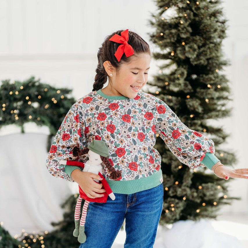 Puff Sleeve Sweater - Jingle Bell Blooms (Final Sale)