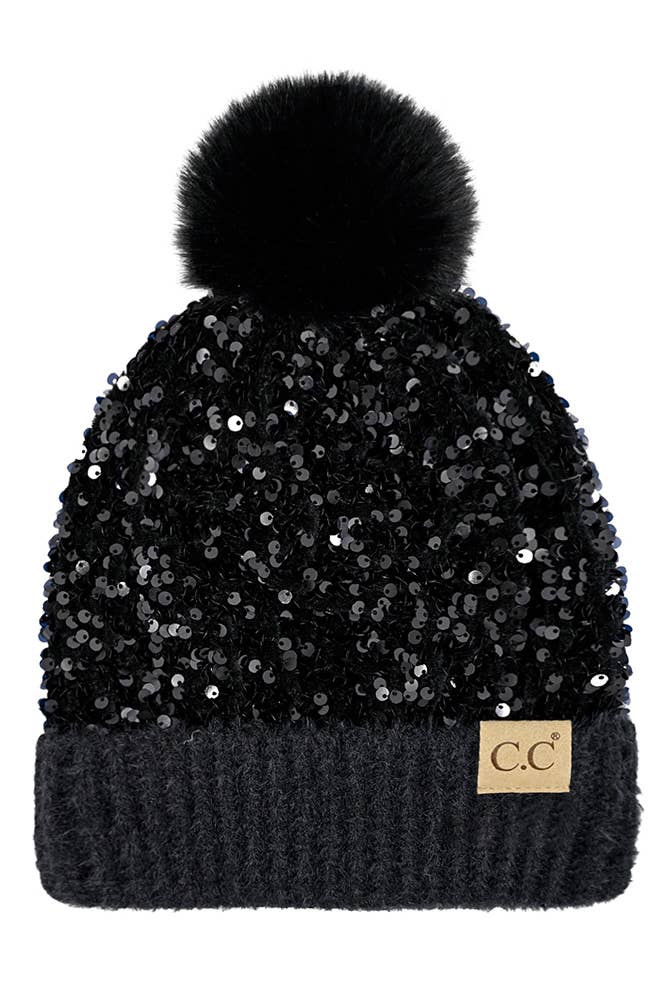 C.C Kids Sequin Fur Pom Beanie - Black