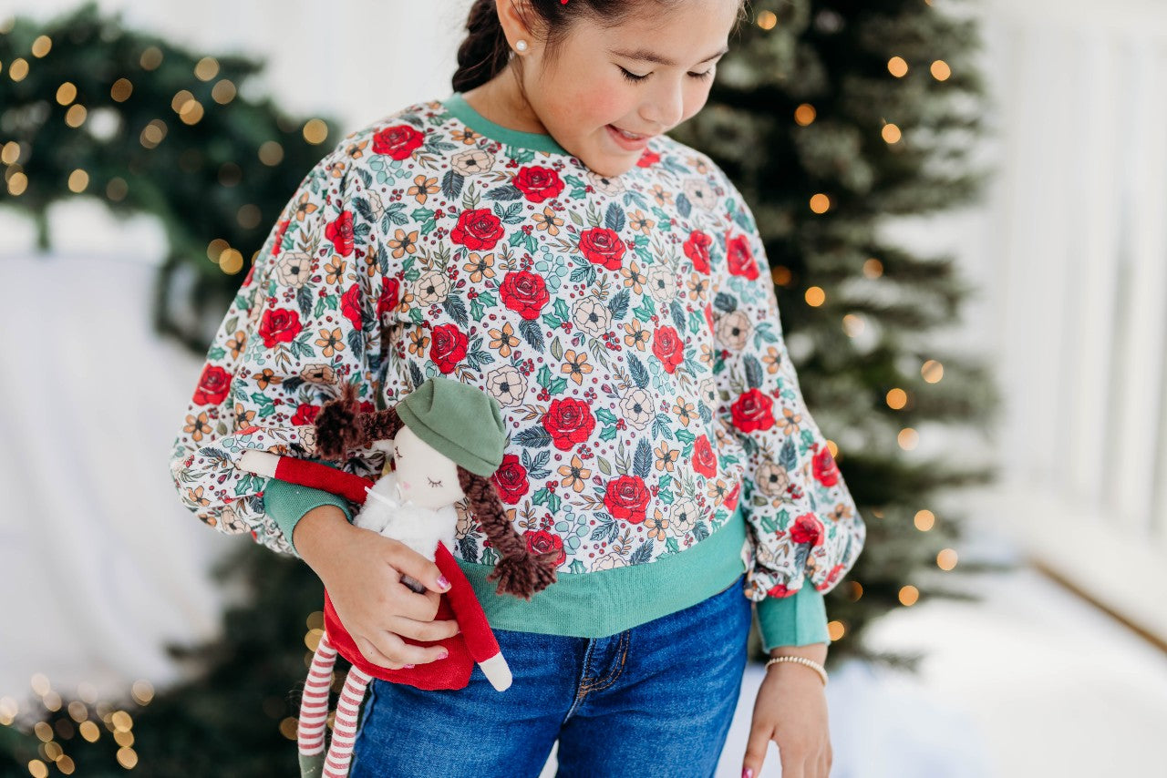 Puff Sleeve Sweater - Jingle Bell Blooms (Final Sale)