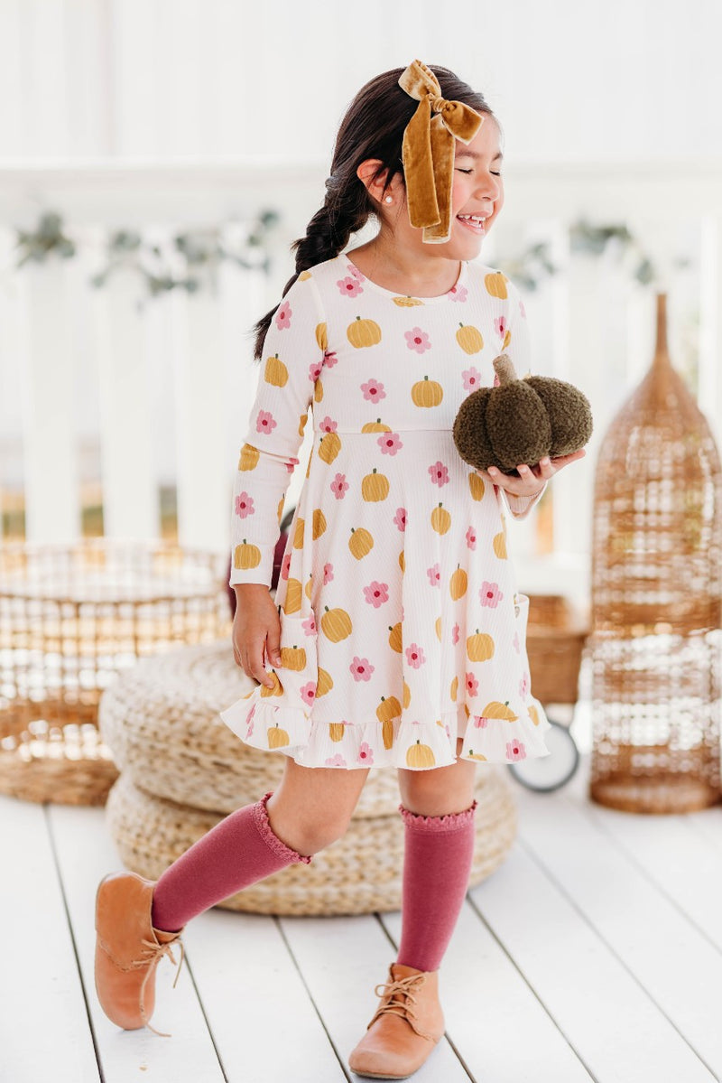 Elara Ribbed Knit Dress - Petal Patch Pumpkin