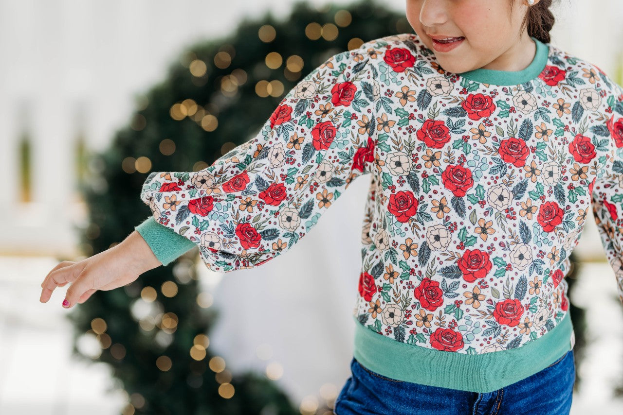 Puff Sleeve Sweater - Jingle Bell Blooms (Final Sale)