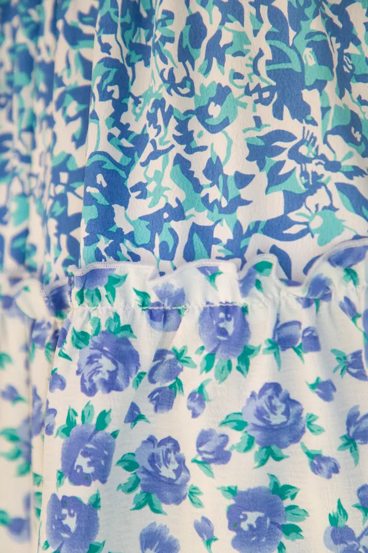 Voy Ruffle Detailed Print Mixed Dress | Blue