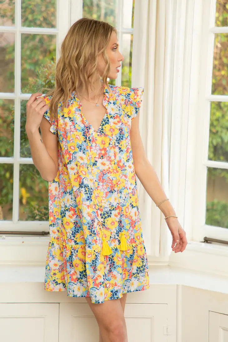 Voy Lace Detailed Floral Shift Dress | Yellow