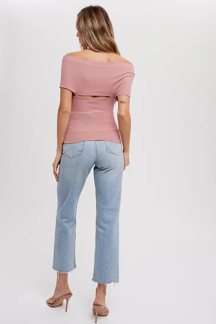 Bluivy Crossover Off Shoulder Knit Top | Dusty Pink