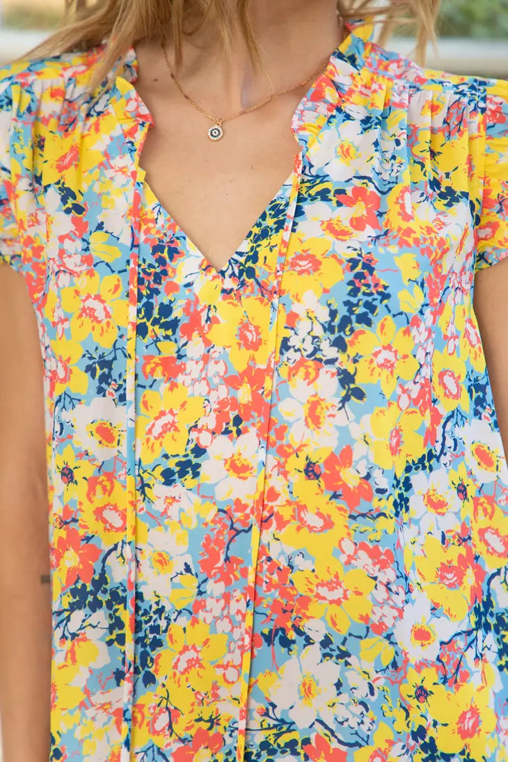 Voy Lace Detailed Floral Shift Dress | Yellow