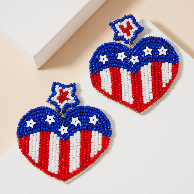 Patriotic Heart Seed Bead Dangling Earrings