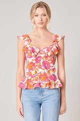 Women's Sugarlips Flower Bomb Ruffle Peplum Top | Grapefruit