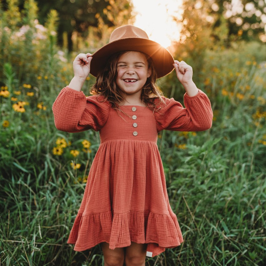 Puff Sleeve Gauze Dress - Terracotta