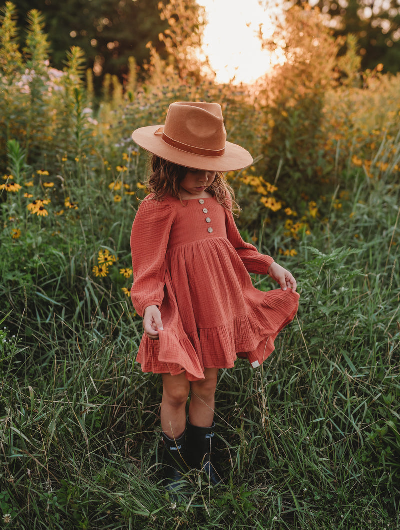 Puff Sleeve Gauze Dress - Terracotta