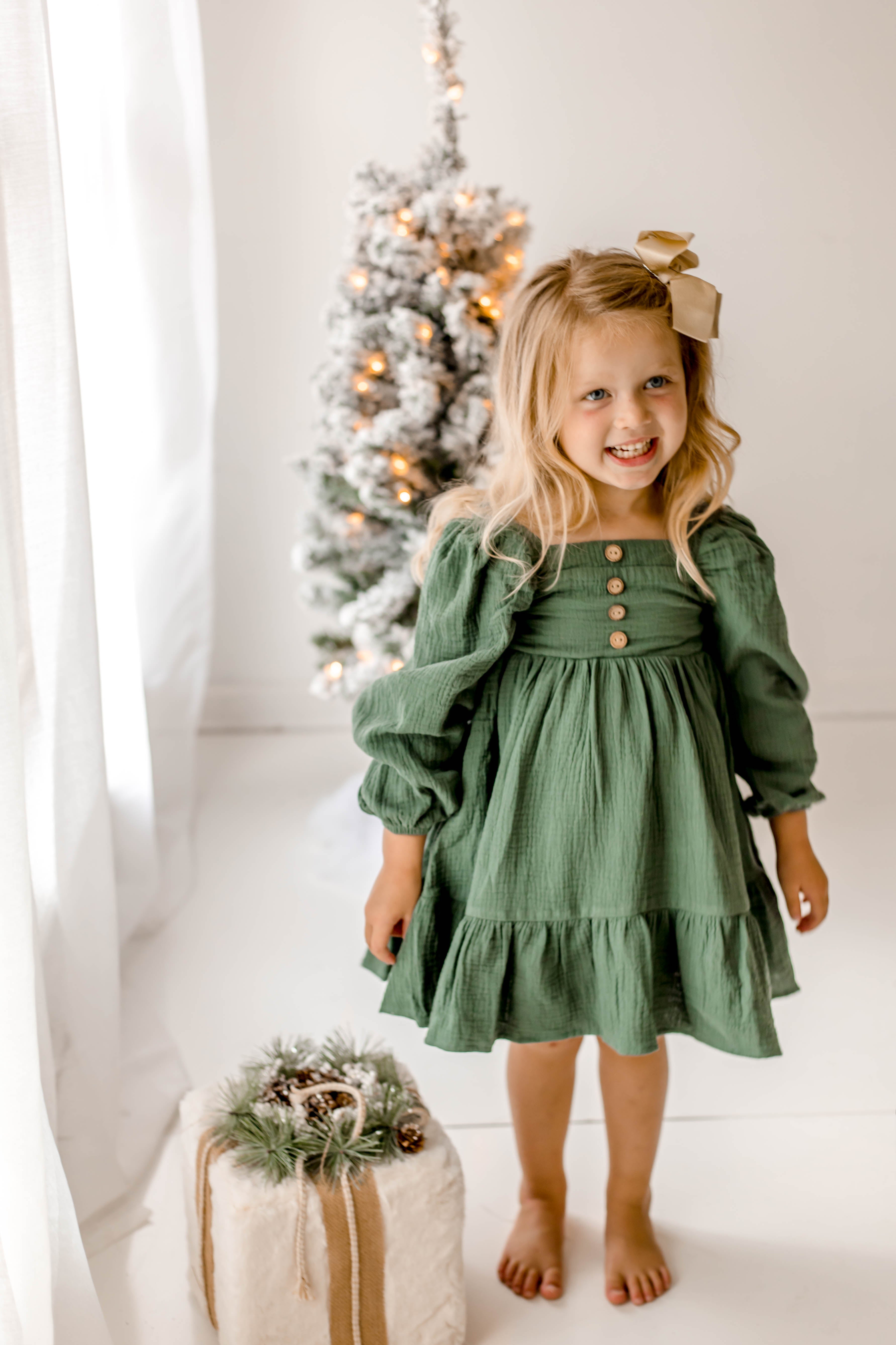 Puff Sleeve Gauze Dress - Pine Green (Pre-Order)