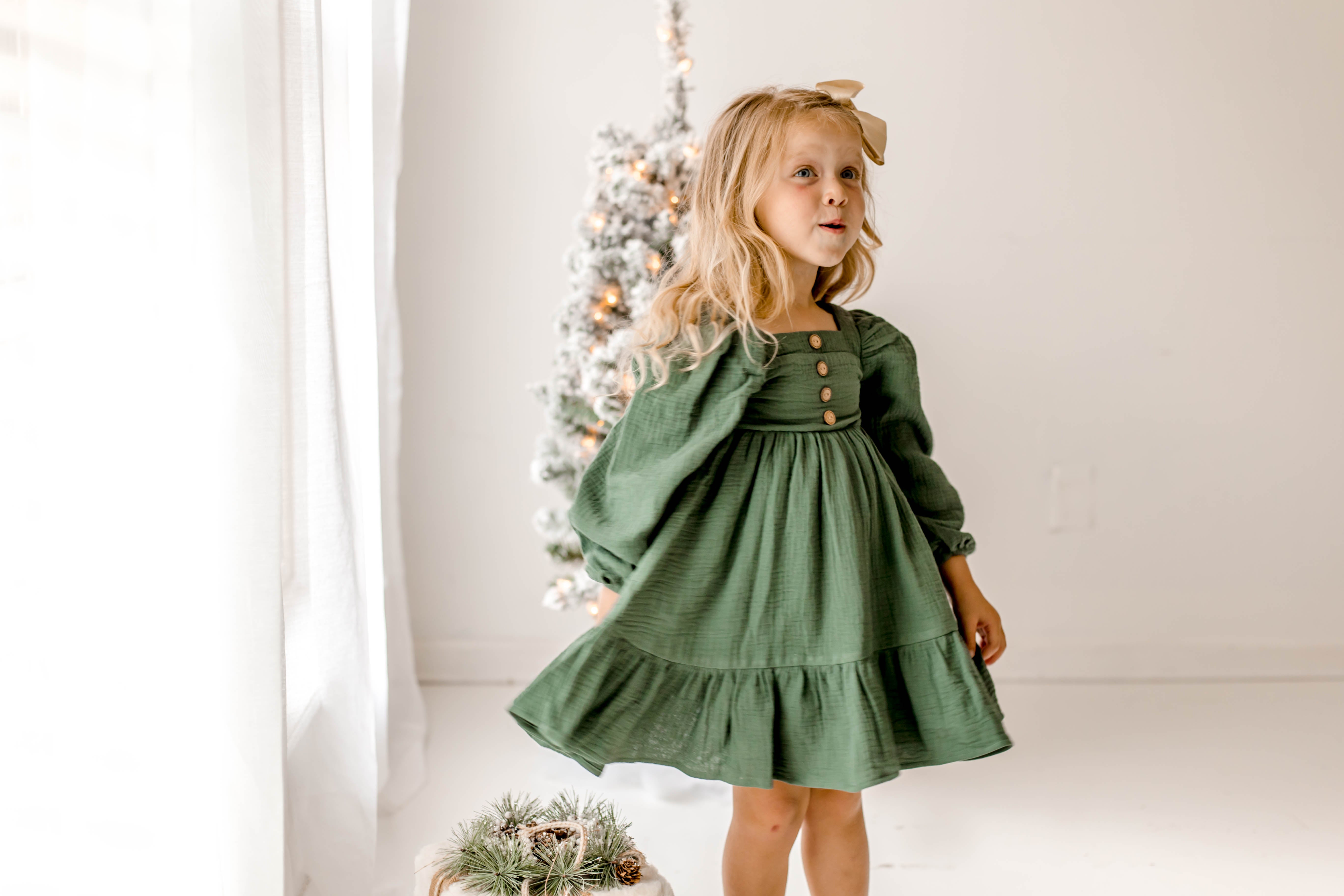 Puff Sleeve Gauze Dress - Pine Green (Pre-Order)