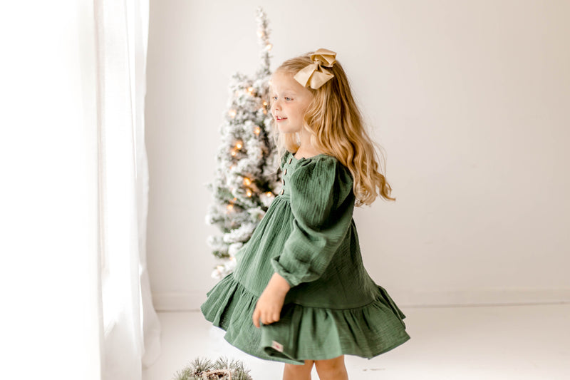 Puff Sleeve Gauze Dress - Pine Green