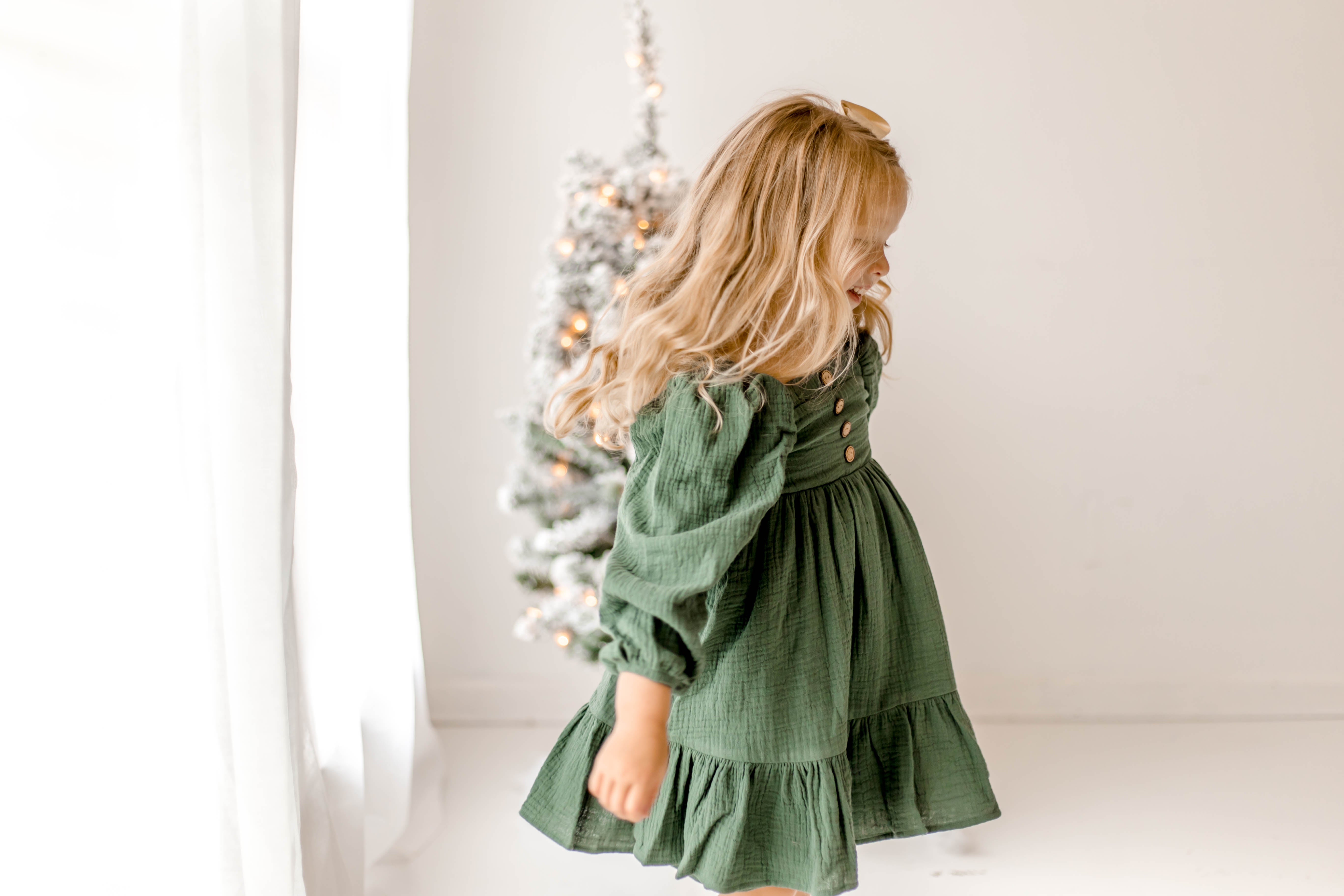Puff Sleeve Gauze Dress - Pine Green (Pre-Order)