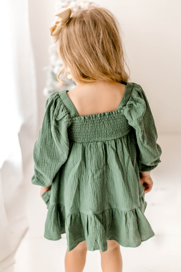 Puff Sleeve Gauze Dress - Pine Green