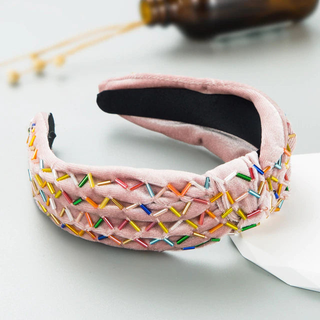 Pink Velvet Knot Headband - Rainbow Bead
