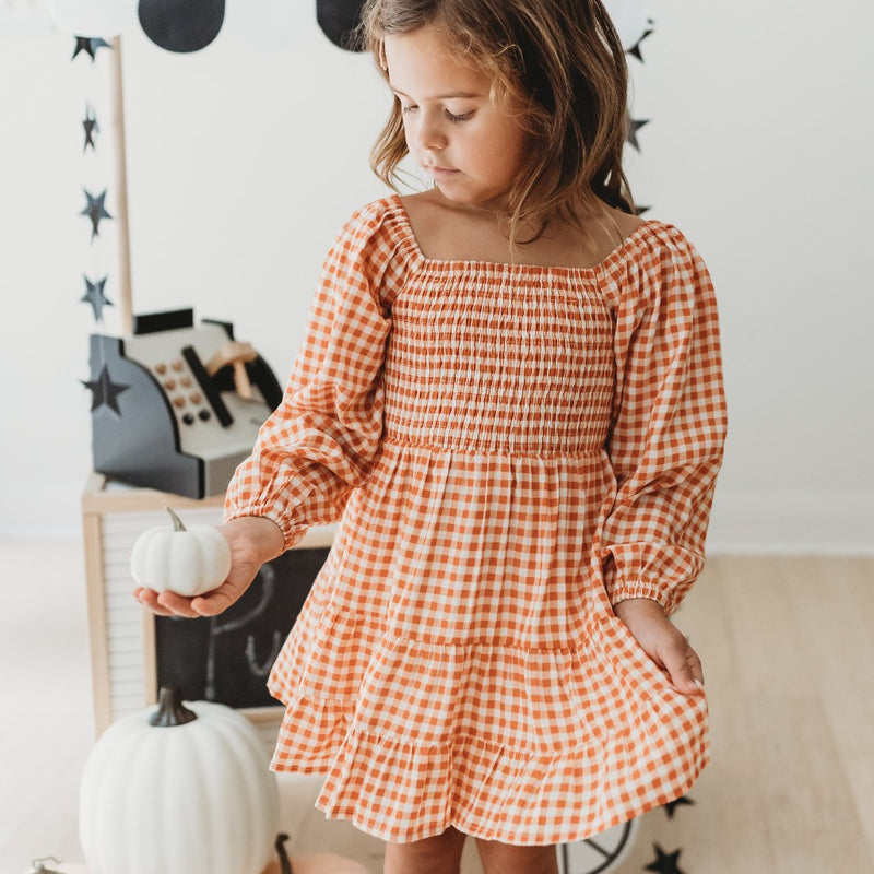 Puff Sleeve Smocked Gingham Dress - Terracotta