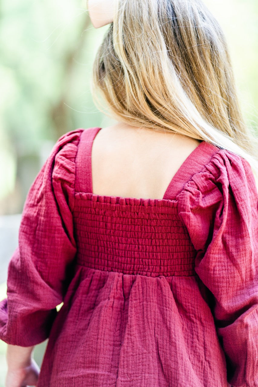 Puff Sleeve Gauze Dress - Vintage Red