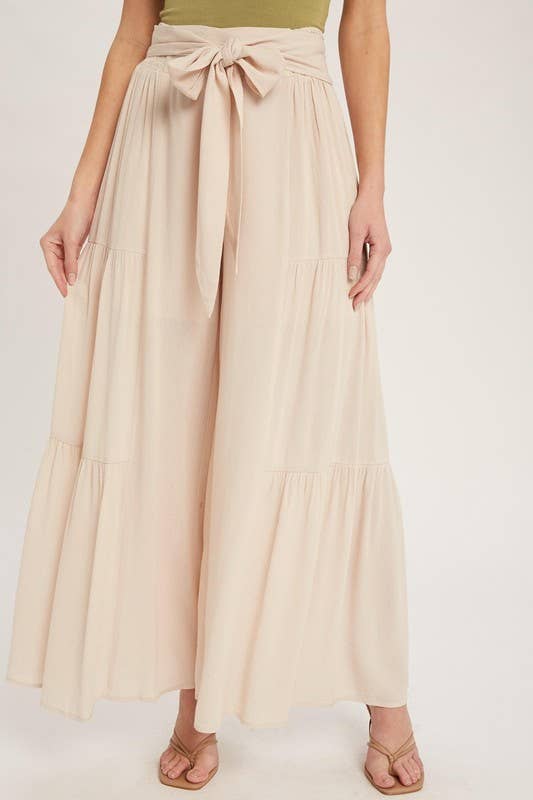 RIBBON DETAIL SOLID TIERED FLOWY WIDE LEG PANTS