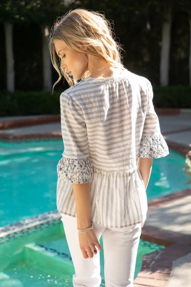 Voy Striped Linen and Printed Eyelet Mixed Top | Blue