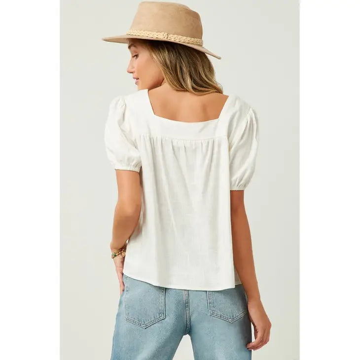 Women's Hayden Linen Look Square Neck Puff Sleeve Top | Off White