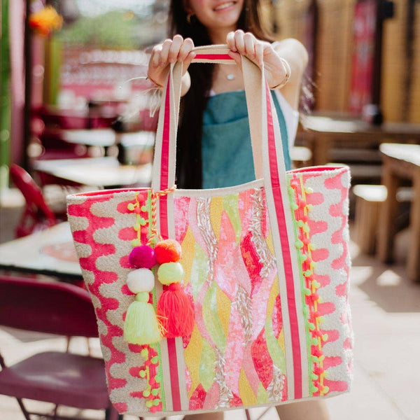 Katydid Sequin & Beaded Large Tote Bag | Pink