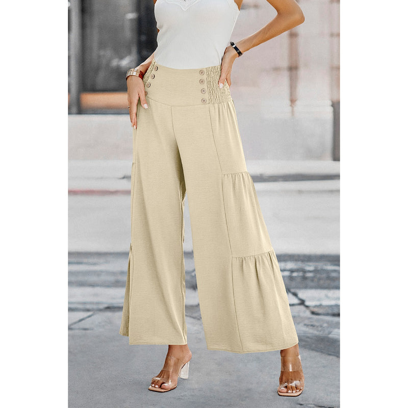 Women's Solid Ruffle Button Wide Leg Pant | Beige