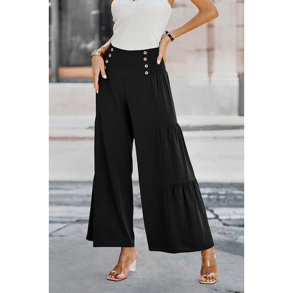 Women's Solid Ruffle Button Wide Leg Pant | Black