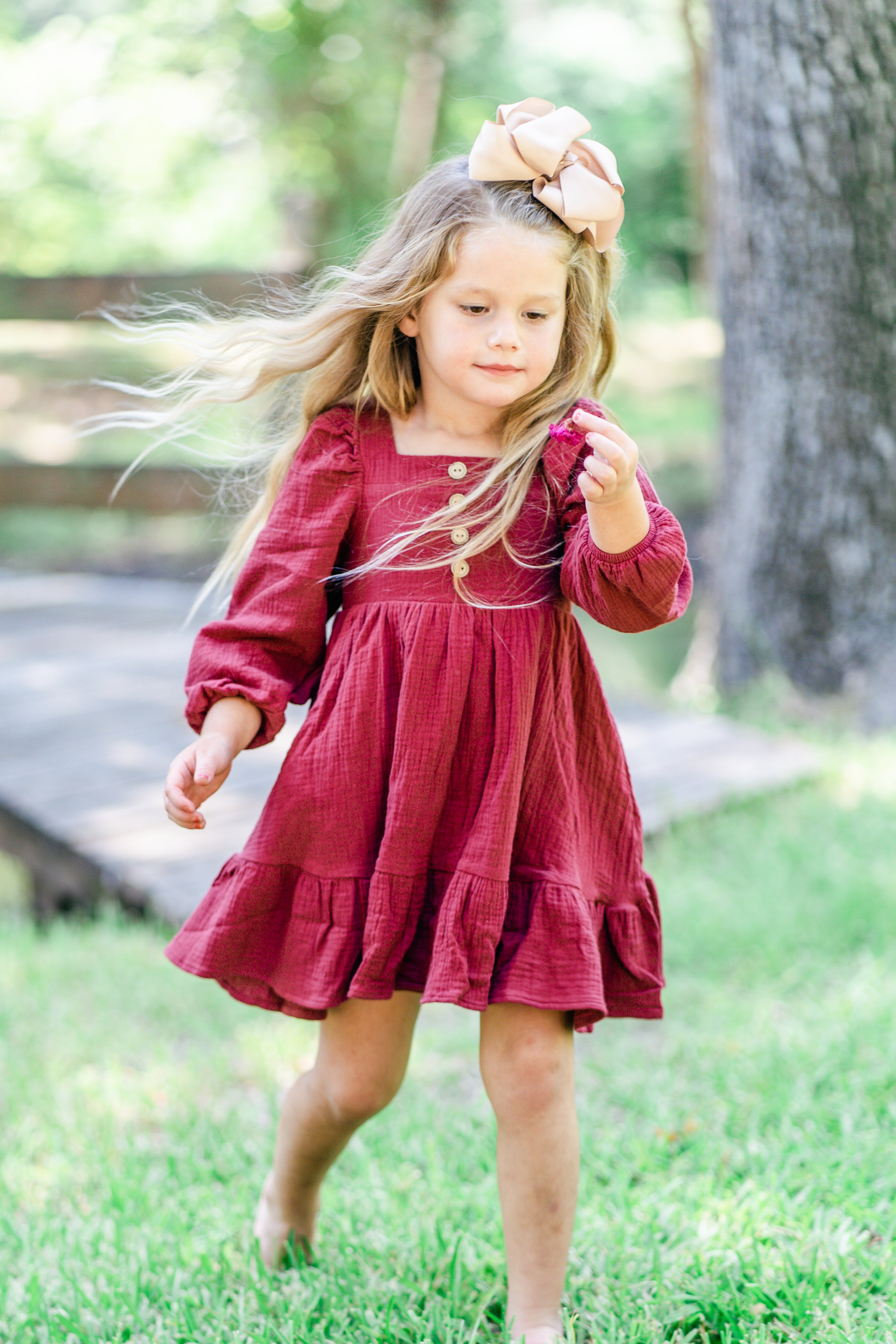 Puff Sleeve Gauze Dress - Vintage Red